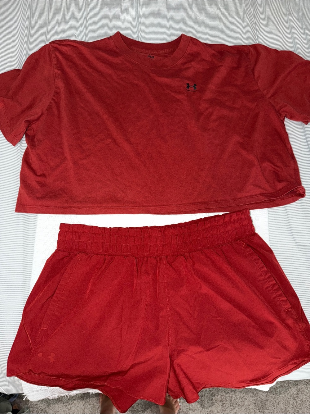 Under Armour Women's Red Athletic Shorts Set - Crew Tee & Elastic Waist Shorts